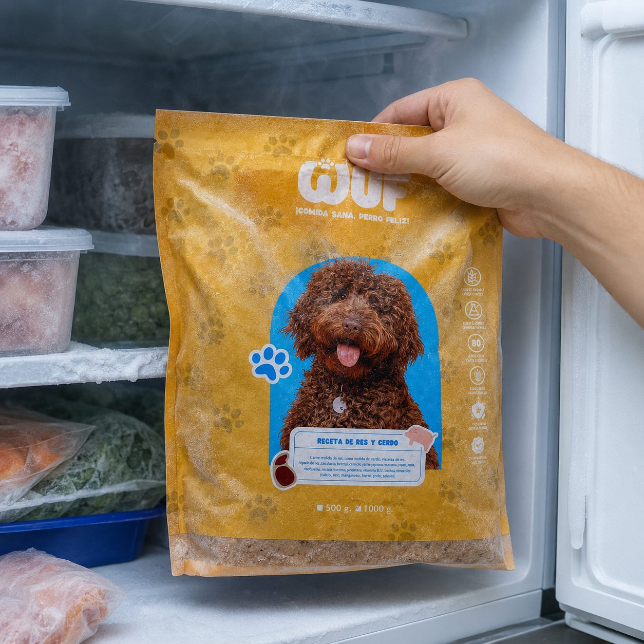 Sacando una bolsa de Wuf del congelador